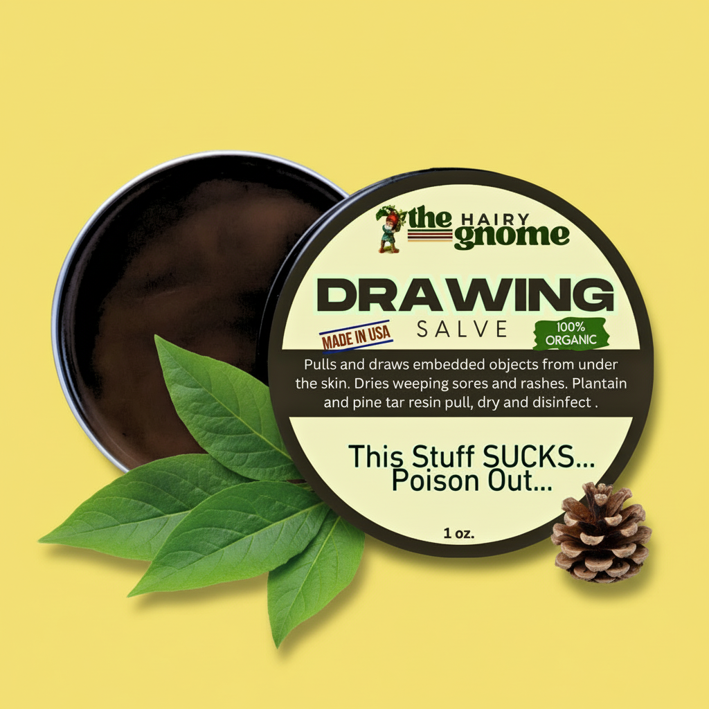 The Hairy Gnome- This Stuff Sucks... Poison Out...All Natural Old Timey Drawing Salve Recipe with Pine Resin and Plantain. 100% Natural and Organic. Treats Cysts | Splinters | Boils | Rashes.